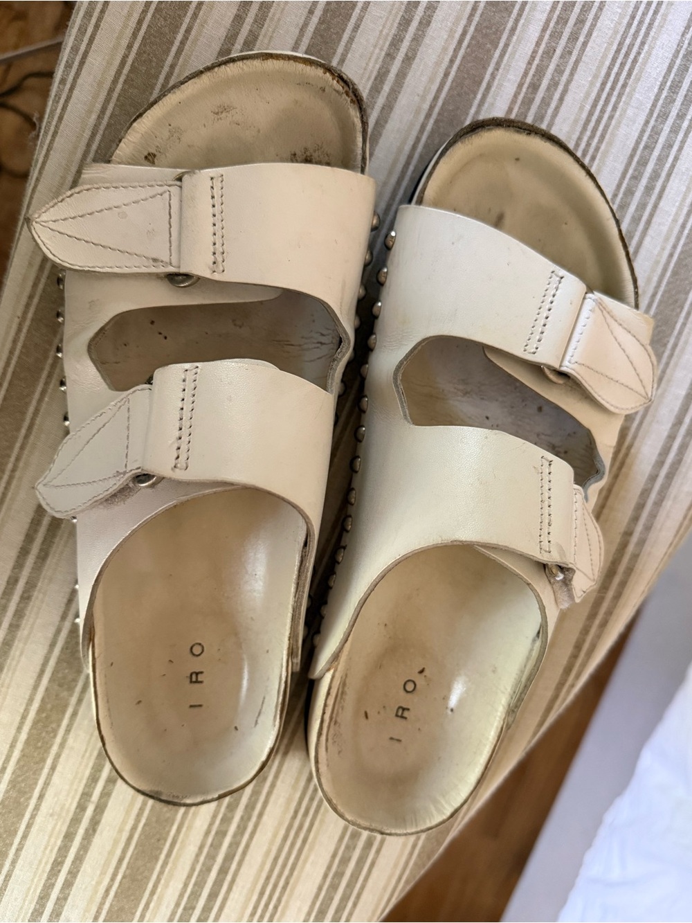 IRO Cream Leather Double-Strap Studded Slide Sandals
